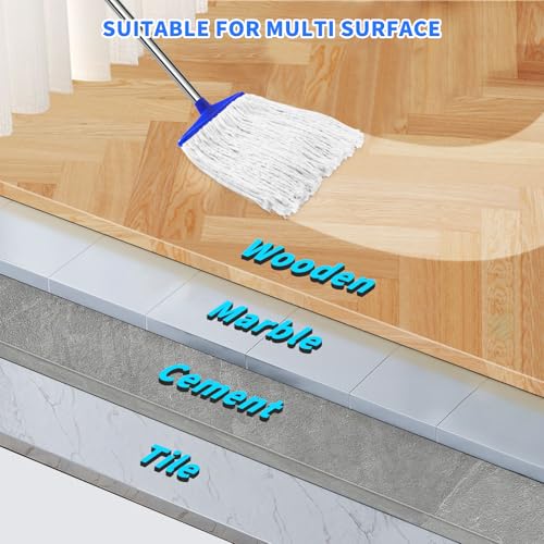 Indoor Cotton Mops for Floor Cleaning - Indoor Cleaning Mop for Wood Floors, Tile, Hardwood Floor, 52\" Adjustable Stainless Steel Handle Mops to Clean Living Room, Kitchen,Bathroom. (White Blue) - Thumbnail 7