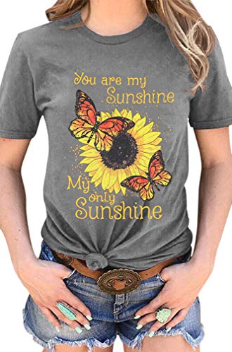 You are My Sunshine T-Shirt Women Sunflower Graphic Tees Short Sleeve Summer Casual Tops (XL, Gray)