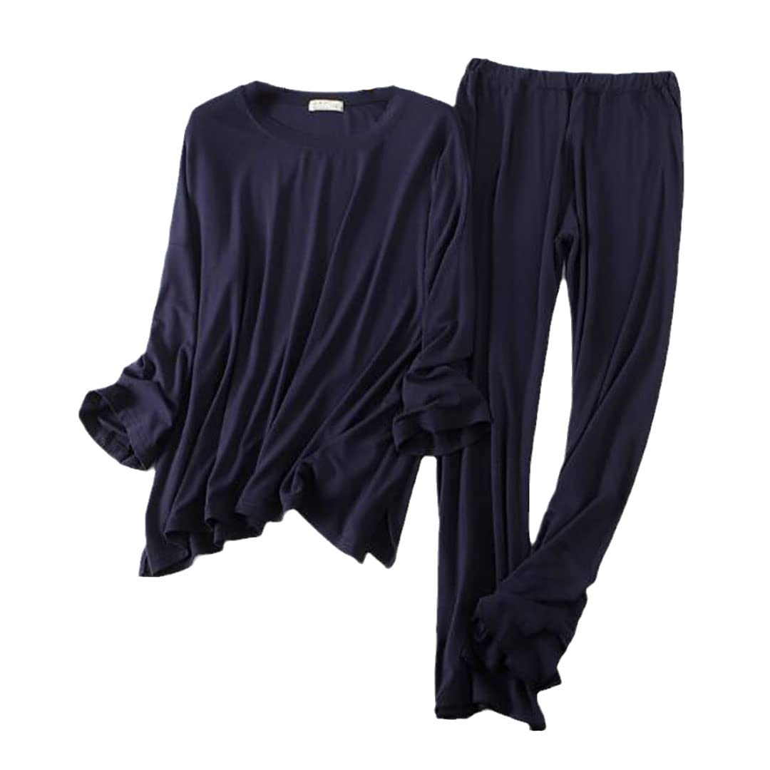 Conjunto de pijama de manga larga de algodón modal cómodo otoño e invierno para mujer, azul marino, XL