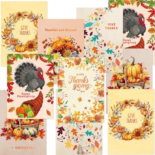 Fancy Land Thanksgiving Cards 24-Pack With Envelopes - Gold Foil Fall Greeting Cards With Stickers