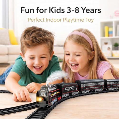 Image of Classic Toy Train Set for Kids 3-8, Electric Steam Train with Real Smoke, Lights and Sounds, DIY Railway Tracks, Battery Operated Passenger Train Play Set, Vintage Black