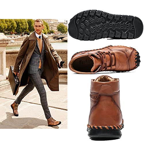 Men's Lace-up Leather Ankle Boots,Casual Handmade Waterproof Chukka Oxfords Hiking Boots Non-Slip Breathable Warm (red/brown-fleece,8,8)3