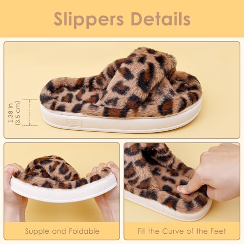 Fuzzy Open Toe House Slippers for Women, Plush Leopard Cross Band Slides, Soft Plush Faux Fur Lining Bedroom Shoes, Non-Slip Winter Indoor Slippers2