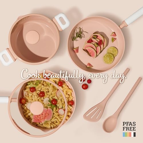 Image of CAROTE Pots and Pans Set Nonstick, Ceramic Cookware Set, Pink Cooking Set Kitchen Induction Set with Steamer, PFAS PTFE Free,9 Piece