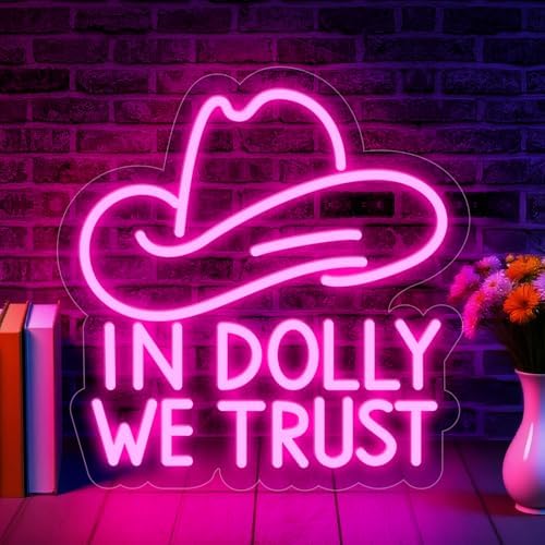 In Dolly We Trust Neon Sign, Pink Cowgirl Hat Dimmable LED Signs Cowgirl Room Light Up Neon Signs Western Decor for Bar Bedroom Rodeo Enthusiast Man Cave Party Birthday Christmas Gifts