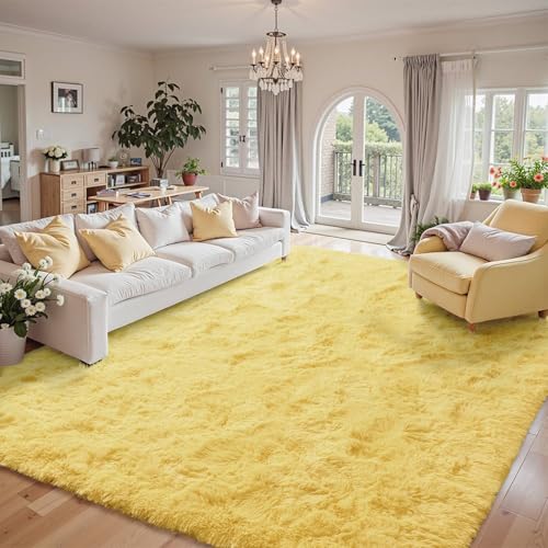 9x12 Area Rugs for Living Room Shag Fluffy Rug Bedroom Plush Carpet Non Slip for Nursery Kids PlayRoom Home Decor Aesthetic,Light Yellow