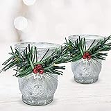 BANBERRY DESIGNS Holly and Berry Candleholders Set of 2 White Frosted Glass Candleholders Vintage Greenery and Red Berry Design Woodsy Candle Holders 3.5' H