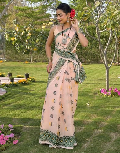 Image of SIRIL Women's Cotton Linen Mekhela Chador Printed Saree with Unstitched Blouse Piece