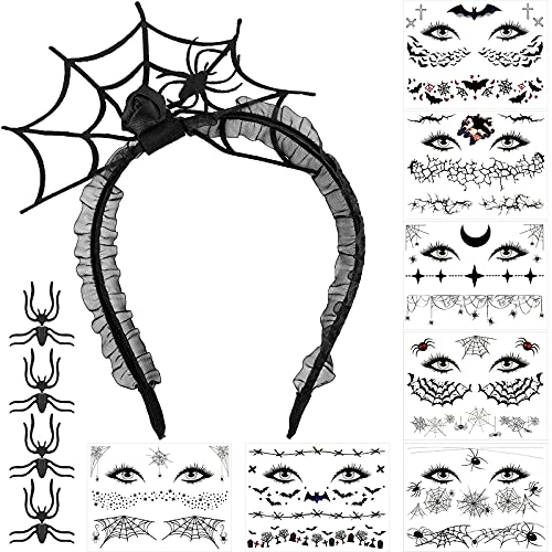 196 Pieces Halloween Spider Web Hair Hoop Cosplay Headband Spider Face Tattoos Web Net Temporary Tattoos Shoulder Arm Stickers Headdress Black Spider Earrings for Women Costume Apparel Accessories