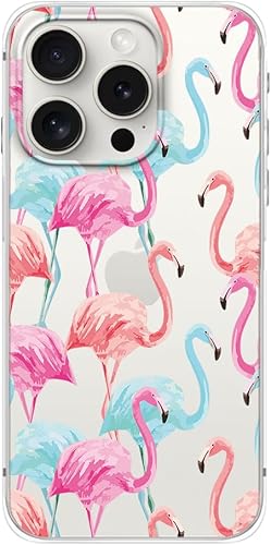 Blingy's Funda para iPhone 15 Pro Max, funda protectora transparente de TPU suave para mujeres y niñas, diseño de pájaros flamencos (flamenco azul y