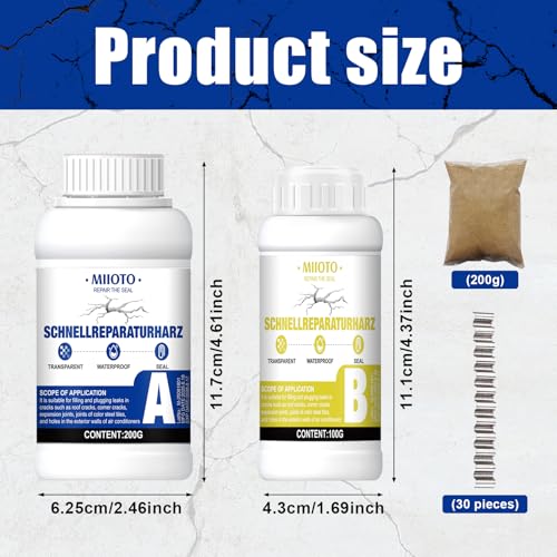 Miioto Estrich Reparatur Set,Epoxidharzmörtel,Schnellreparaturharz | Gießharz 300g Quarzsand 200g Estrichklammern 30 Stück | für Epoxidharz Injektionsharz Vergussmasse Laminierharz zum Risse Verharzen