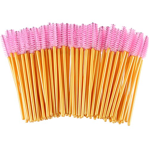 eBoot 300 Pieces Colored Disposable Mascara Wands Eyelash Eye Lash Brush Makeup Applicators Kit (Gold Handle, Pink Head)