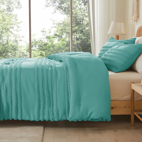 Image of BEDELITE Boho Comforter Set Queen Size, Aqua Tufted Striped Bed Set 3 Pieces, Soft Vintage Farmhouse Comforter for All Seasons, Boho Home Decor,Fluffy Jacquard Bedding with 2 Pillow Shams