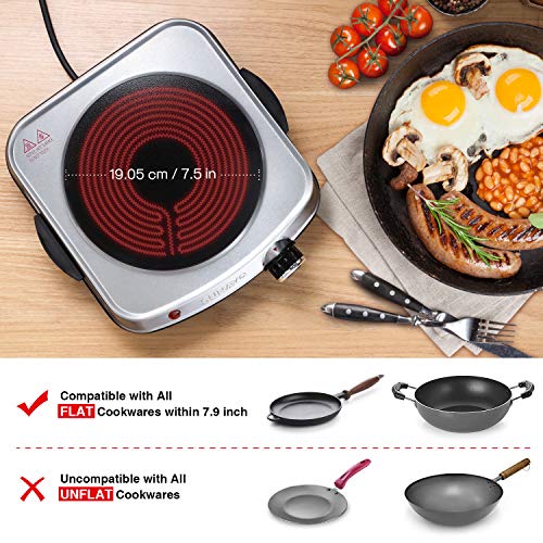 SUNAVO Electric Infrared Burner, 1200W Ceramic Glass Hot Plate, 6 Power Levels Stainless Steel Single Burner for Kitchen Camping RV and More Silver