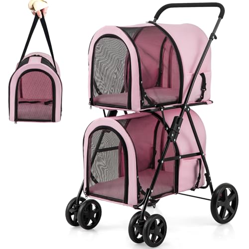 Giantex Double Pet Stroller with 2 Detachable Carrier Bags, Safety Belt, 4 Lockable Wheels Cat Stroller Travel Carrier Strolling Cart, Folding Dog Stroller for Small Medium Dogs Cats Puppy (Pink)