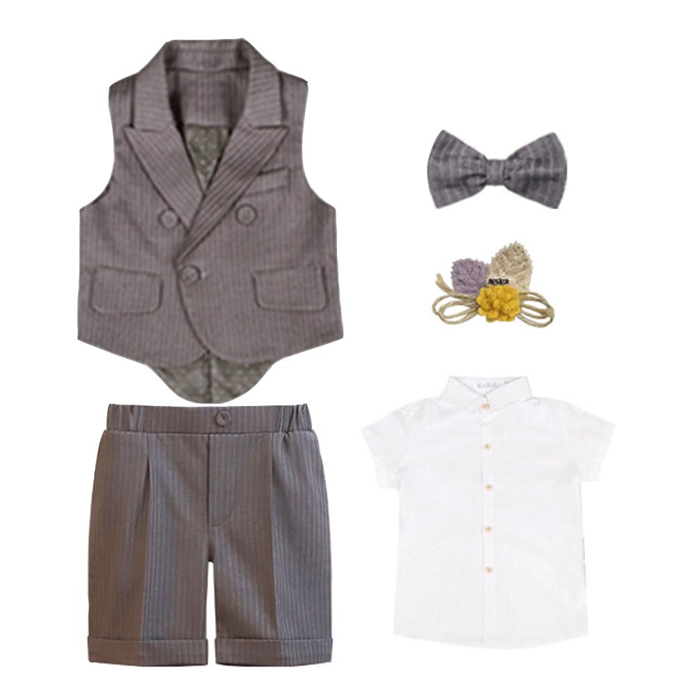 Jungen-Westenanzug Britisch gestreift Gentleman-Hochzeit Taufoutfit mit Fliege Hose Weste Formelle Einschulung Kleidung Geburtstagsparty Taufkleidung