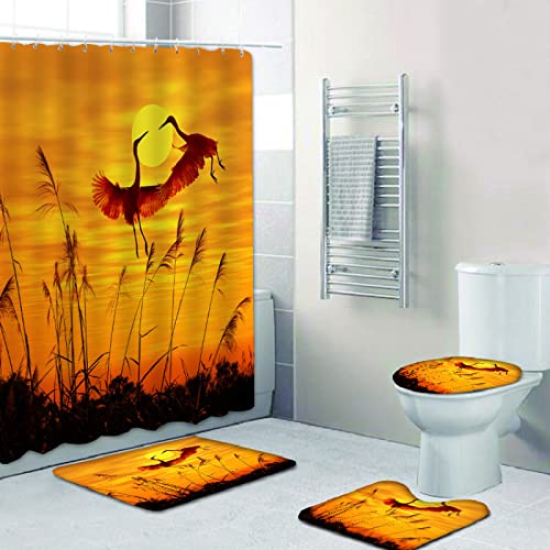Duschvorhang Orange Flamingo Badezimmerteppich 4-Teiliges Set, Duschvorhang 180x180 Polyester+Badematte rutschfeste…