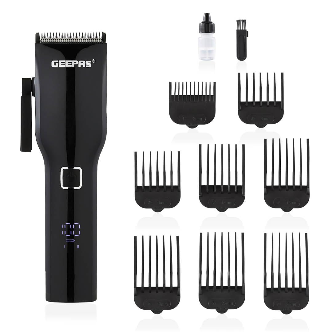 Geepas GTR56046 Digital Professional Hair Clipper | 4 Hours Runtime | 2000mAh Li-ion Battery| LED Display | Stainless Steel Blades| 2 Speed Control | 2 Years Warranty