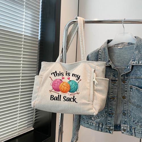 Bolso tote de pana para mujer con estampado de ovillos de lana miniatura 3