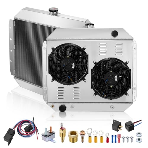 Image of BDFHYK CU433 3-Row 44mm Aluminum Radiator with Fan and Thermostat Switch for Ford Bronco F-100 F-250 1968-1979, for Ford F-150 F-350 1975-1979, for Ford F-500 1976, Replaces SBR433 CC433 CU132