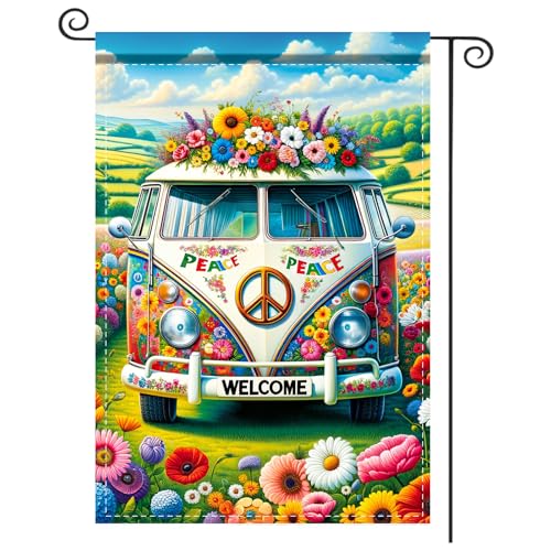 Image of Nuxovilar Welcome Garden Flag 12x18IN | Retro Van Peace Welcome Yard Porch House Double - Side For Home Outdoor Decor