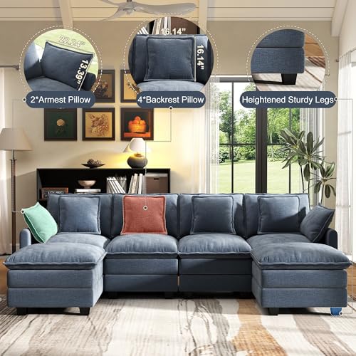 Image of 107 inch Cloud Couch Sectional Modular Sofa, Deep Seat Couches with Ottoman and Removable Washable Pillows for Living Room, Bedroom, Apartment, Blue