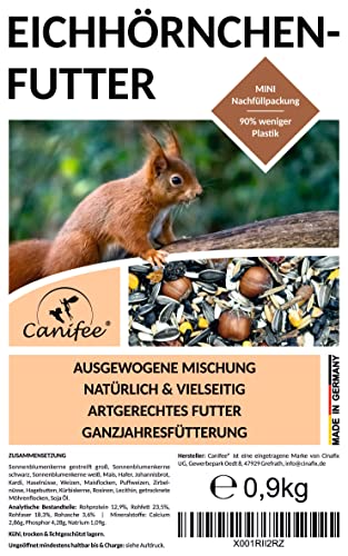 Canifee - Eichhörnchen Futter 0.9 kg Mini-Nachfüllpack artgerechtes Wildtierfutter ganzjährige Futtermischung - Nachfüllbeutel mit der extra Portion Haselnüsse - auch für Streifenhörnchen