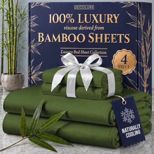 Image of DECOLURE 100% Viscose Derived from Bamboo Sheets Full Size - Luxury 4 Pc Naturally Cooling Sheets, Ultra Soft Bed Set - Deep 17 inch Pockets, Durable Double Stitching, Oeko Tex Standard (Olive)