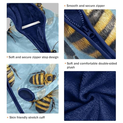 Bee Pattern on Blue Toddler Fleece Jacket Girl Boys Hooded Fleece Jacket Coat Warm Outwear Zip-up 3-10T3