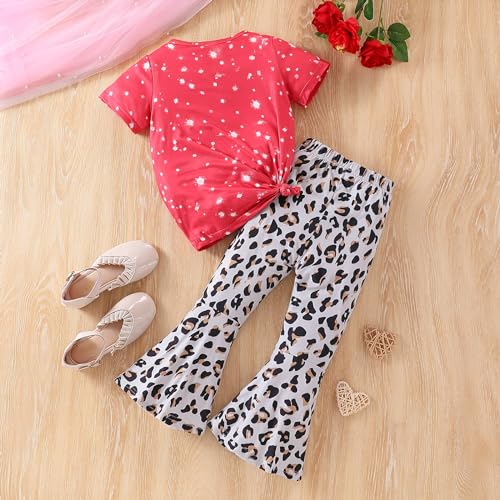 Image of Ayzozuy Kids Toddler Girl Clothes Letter Print Graphic Top + Leopard Print Flare Leg Pants 2PC Summer Clothing Set