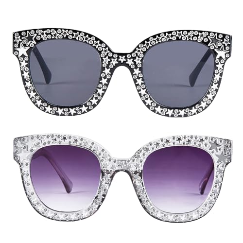 Sdfvsdg 2Pcs Oversized Crystal Disco Sunglasses for Women Rhinestone Bling Square Thick Frame Glitter Sunglasses 70s Disco Accessories