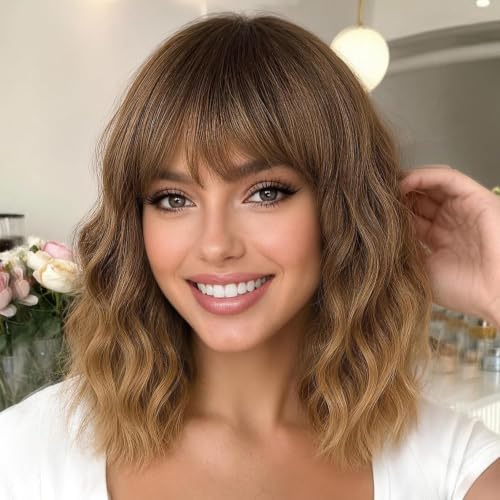 Image of Nnzes Short Wavy Bob Wig with Bangs for Women Shoulder Length Curly Soft Dark Root Honey Blonde Ombre Synthetic Heat-Resistant Fiber Hair for Daily & Party Use
