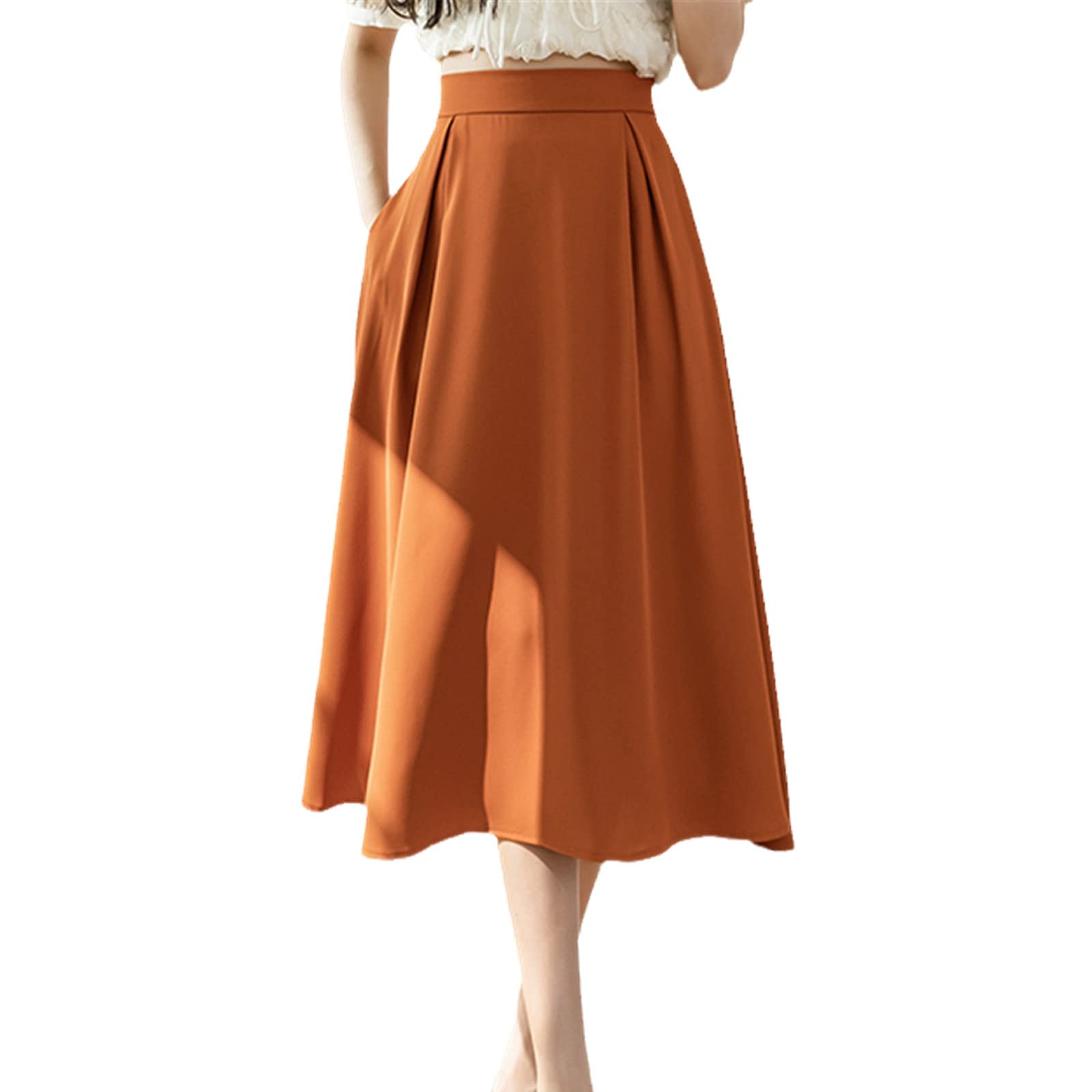 Jupe d'été plissée Kelsiop orange avec poches et taille haute confort - 8