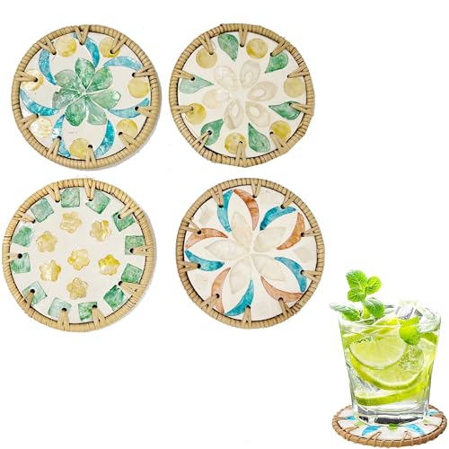 Muschel-Getränkeuntersetzer – Set mit 4 runden bunten Muscheln, künstlerische Isoliermatte, handgefertigte, gewebte Rattan-Untersetzer für verschiedene Tassen, Tischschutz, 10 x 10 cm Muschel-Getränkeuntersetzer – Set mit 4 runden bunten Muscheln, künstlerische Isoliermatte, handgefertigte, gewebte Rattan-Untersetzer für verschiedene Tassen, Tischschutz, 10 x 10 cm