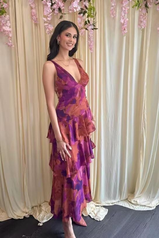 Chiffon Floral Print Brideamiad Dresses for Women 2025 V Neck Long Tiered Ruffles Evening Party Gowns KN0363