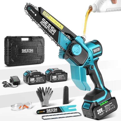 SEESII Mini Chainsaw Cordless 8 Inch & 6 Inch: Electric Battery Powered Chainsaw Upgraded Brushless Chain Saw with 2pcs 3000mAh Tool-Free Chain Tension Oiler for Tree Branch Cutting (M8 Boost)