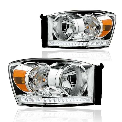 DimFlux LED DRL Headlight Assembly, Headlights Kit Compatible with 2006-2008 Dodge Ram...