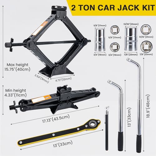 Image of Scissor Jack for Car, 2 Ton Car Jack Kit, Universal Tire Changing Kit, Portable Emergency Tire Jack Tool Kit, Scissor Lift Jacks for Cars Vehicle SUV Sedan Coupe, with Lug Wrench Pressure Gauge