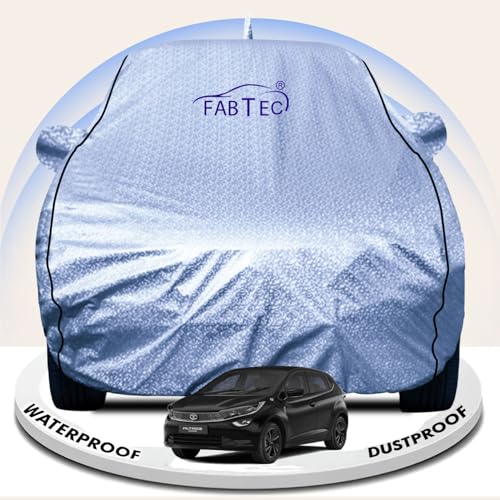 Image of FABTEC Metallic Silver Waterproof Car Body Cover for Tata Altroz Sun, UV and Dust Protection with Mirror and Antenna Pocket (Reflective Silver with Black Piping)