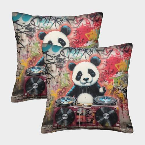 EllieAu Set Da 2 Pezzi Federe Cuscino Panda DJ Quadrata Fodere Copricuscino Graffiti Con Stampa 3D Per Letto, Divano, Salotto 40x40cm