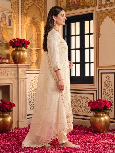 Image of INDO ERA Women's Silk Blend Embroidered Stone Work Straight Kurta & Pant with Dupatta Set | Kurta Sets For Woman