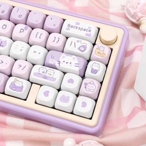 Image of PBT Keycaps, MOA Profile Keycaps 132 Keys Dye Sublimation Purple Cute Cat Customized Keycap Set for ANSI Layout Cherry MX Switches Mechanical Keyboards