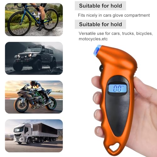 Image of KVAEY Digital Tire Pressure Gauge, 150 PSI 4 Settings Accurate Tire Gauge with Non-Slip Grip, Backlight LCD Tire Pressure Gauge Reader Checker Tool for Car Truck Bicycle Motorcycle (Orange)