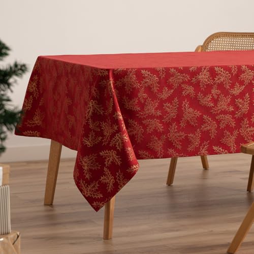 GAMUSI Nappe de Noël Jacquard Fil doré pour Table à Manger carrée décoration de Noël 140 x 350 cm, Couleur Rouge