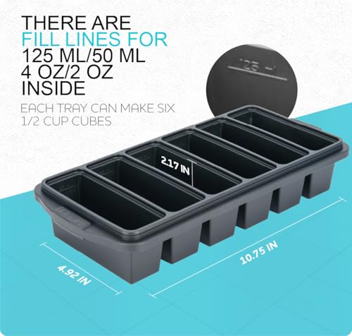Image of 1 /2 Cup Silicone Freezer Tray With Lid - Silicone Freezer Molds 2-Pack For meal prep & freezing of various sauces and other dishes, makes 12 perfect 1 /2 cup portions cubes,oven and dishwasher safe