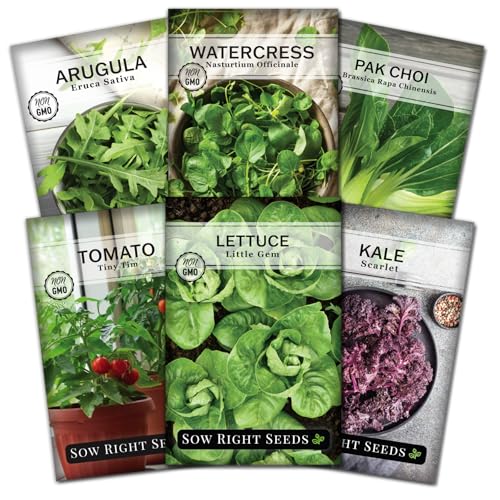 Sow Right Seeds - Hydroponic Vegetable Seeds for Planting - Lettuce, Kale, Arugula, Pak Choi, Watercress & Cherry Tomato Seeds for Planting and Growing Hydroponics - Perfect for Indoor Growing System