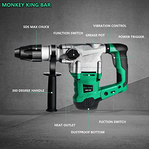 Monkey King Bar-Sds Max 120V 1500W 4200Bpm Electric Rotary Hammer Drill For Concrete With Uvp User Vibration Protection- Includes Sds Max Demolition Kit, Flat And Point Chisels With Case #TOP2