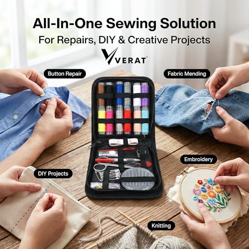 Image of 74 Pieces Sewing Kit Box with Thread, Needles & Scissors - Complete Sui Dhaga Tailoring Accessories Set with Needle Threader, Measuring Tape & Buttons - Portable Travel Stitching Kit for Home & Sewing Machine Use