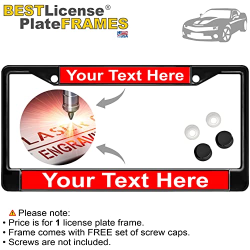 Image of Custom Personalized Black Powder-Coated Metal Laser Engraved Standard Size - Car /Automobile License Plate Frame with Free caps - Red /White Text (Qty: 1 Frame)