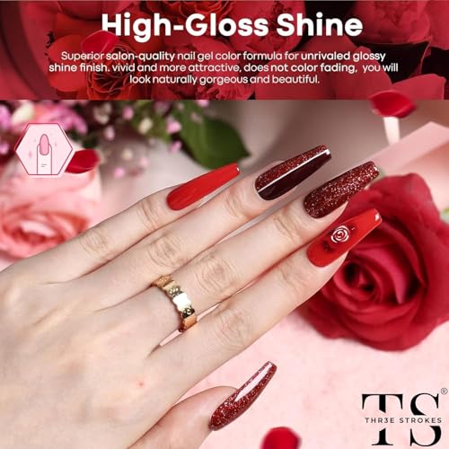Image of THR3E STROKES Gel Nail Polish Set - 6 Colors Gel Polish Glitter Burgundy Sparkle Bloody Red Nail Polish Gel Manicure DIY Salon Nail Art Gifts (ROJA RED 888), 7.5 ml, Glossy Finish